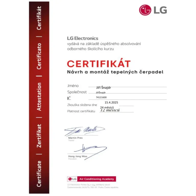 Certifikát na návrh a montáž tepelných čerpadel LG