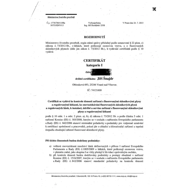 Certifikát pro práci s chladivy