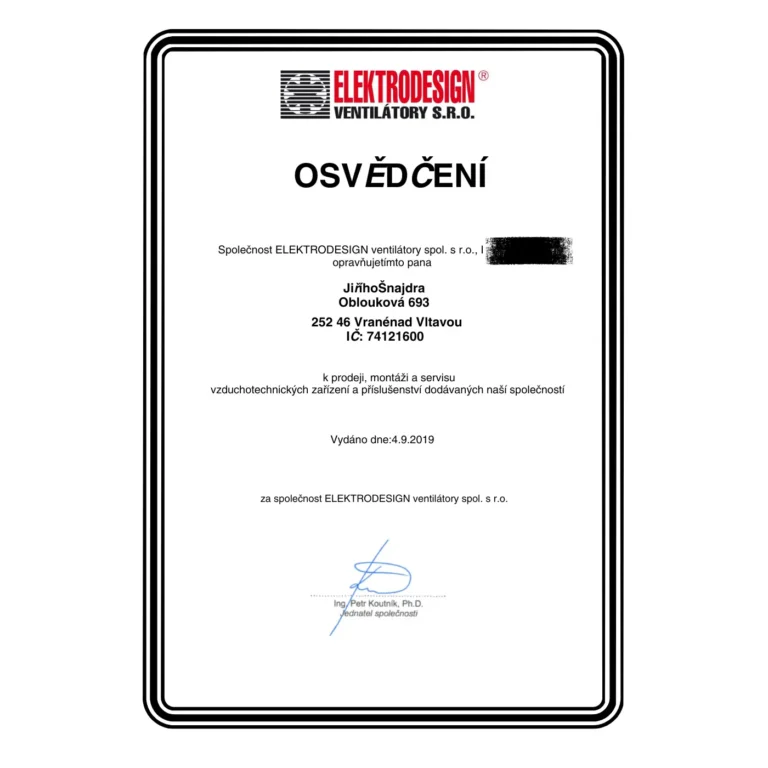 Osvědčení k montáži a servisu vzduchotechniky